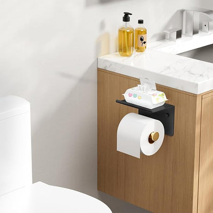 Toilet Paper Holder with Shelf, Adhesive or Screw Wall Mount Toilet Paper Roll Holder for Bathroom, Rustproof 304 Toilet Roll Tissue Holder Dispenser with Phone Shelf (1, Matte Black & Brushed Gold)