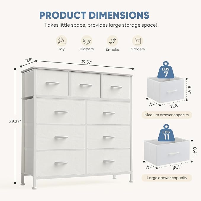 DUMOS Dresser for Bedroom, Storage Organizer with 9 Drawers, Chest of Drawers with Fabric Bins, Sturdy Metal Frame, Wood Tabletop for Guest Room, Closet, Entryway, White