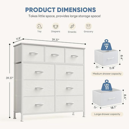 DUMOS Dresser for Bedroom, Storage Organizer with 9 Drawers, Chest of Drawers with Fabric Bins, Sturdy Metal Frame, Wood Tabletop for Guest Room, Closet, Entryway, White