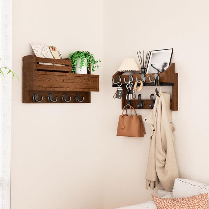 Wall Mounted Coat Rack with Shelf & Drawer, Heavy Duty Solid Wood Entryway Organizer, 29’’ Coat Rack Wall Mount with 12 Metal Hooks, Key & Mail Holder for Living Room, Bedroom