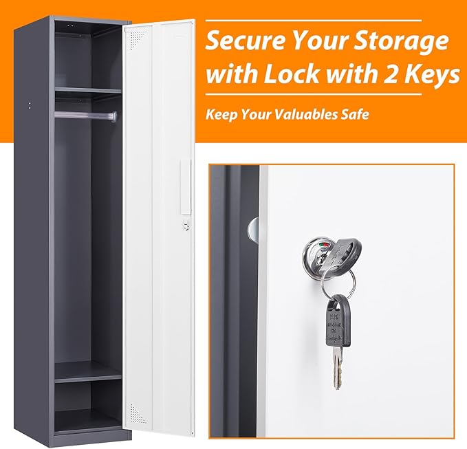 Metal Locker for Home, Dressing Room, 71" Steel Storage Lockers for Employees, Lockable Locker Cabinet with 1 Door (Grey White)