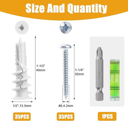 KURUI #8 Self Drilling Drywall Anchors and Screws, Heavy Duty Dry Wall Anchors Holds Upto 75LB, Picture Hanging Kit, No Pre-Drilling, for Mounting Shelves,Frames,Curtains,Clocks - 70Pcs