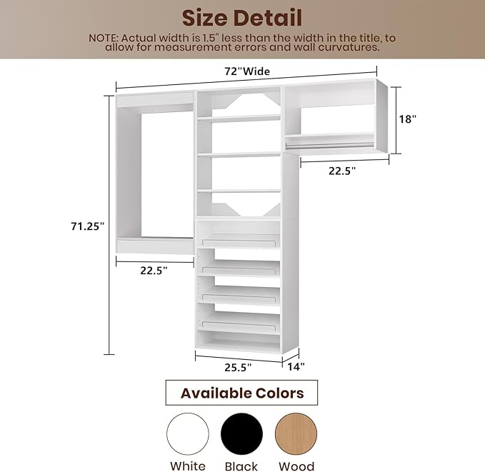 ROOMTEC Modular Closet System, 72" Wall Mounted Modern Closet Organizer with Hanging Rods and Shoe Shelf, Wooden Tower for Walk-In Closets, Wardrobe Storage Kit, White