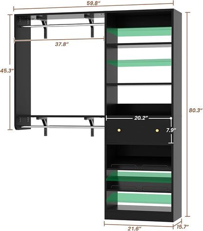 Closet System with Drawer - Reversible 5FT Wood Closet Organizer System with 2 Hanging Rods and Adjustable Shelf, Walk In Closet Organizers with Shoe Rack, Built-In Garment Rack Clothes Rack, Black