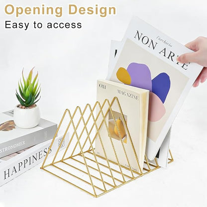 4Pcs Triangle File Holder, 9 Slot Black Magazine Holder, Metal Vinyl Record Storage Stand, Desktop File Organizer Magazine Rack, Bookshelf Organizer for Office Home, Letter Book (Gold) (Gold)