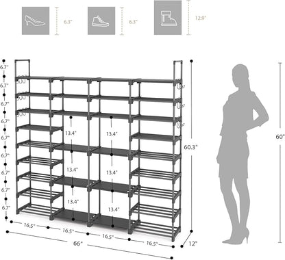 ROJASOP Large Shoe Rack Organizer for Entryway Closet 64-68 Pairs 9-Tier Heavy Duty Tall Garage Shoe Rack Shoe Shelf Shoes Storage with 18 Pcs Removable Side Hooks for Bedroom and Garage Grey