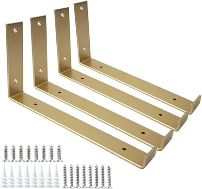 Shelf Brackets 12 Inch 4PCS Heavy Duty Gold Wall Bracket with Lip for Floating Shelves Rustic Iron Metal Shelf Bracket for DIY Open Shelving Hardware Included
