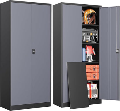 Metal Garage Storage Cabinets with Lock, 72" Tall Tool Cabinet with 2 Door and 4 Adjustable Shelves, Locking Garage Cabinets and Lockable Steel Locker for Home Office Warehouse-(Black Gray-72”H)