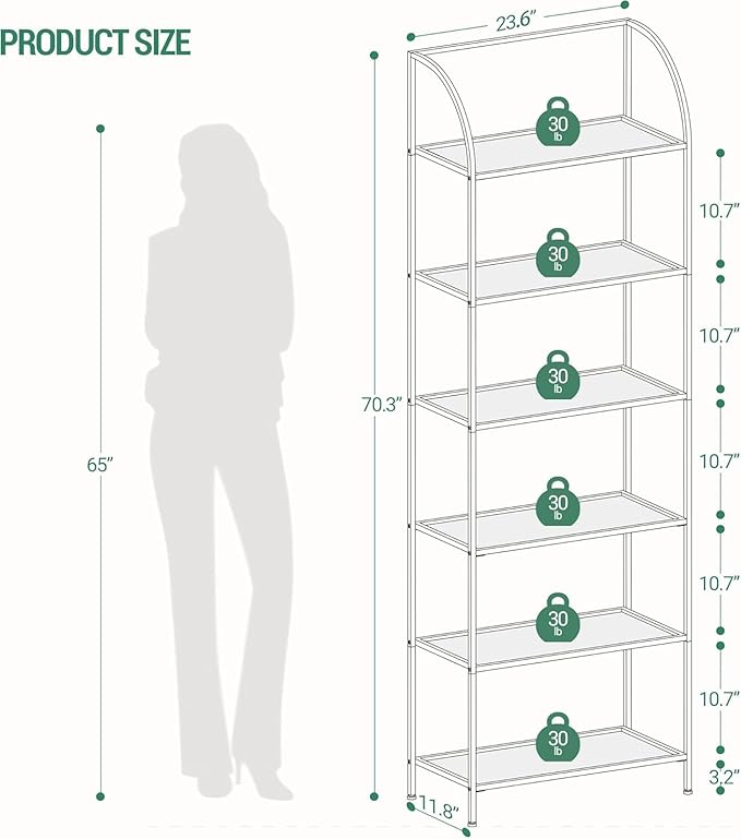 Bookcase Bookshelf, Tempered Glass Arched Bookshelf for More Storage, Slim Shelving Unit for Bedroom, Bathroom, Home Office, Steel Frame, Wide 6 Tier Gold BC22699G