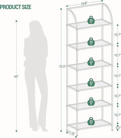 Bookcase Bookshelf, Tempered Glass Arched Bookshelf for More Storage, Slim Shelving Unit for Bedroom, Bathroom, Home Office, Steel Frame, Wide 6 Tier Gold BC22699G
