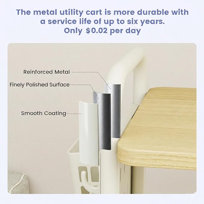 danpinera 3 Tier Rolling Cart with Wooden Table Top, White Rolling Utility Cart with DIY Pegboards & Locked Wheels, Easy Assembly for Nursery, Living Room, Studio