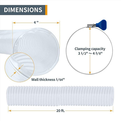 POWERTEC 4" x 20' Flexible PVC Dust Collection Hose with 2 Stainless Steel Key Hose Clamps for Table Saw, Band Saw, Planer, Jointer, Woodworking and Garage, Woodshop Dust Collection System (70244V)