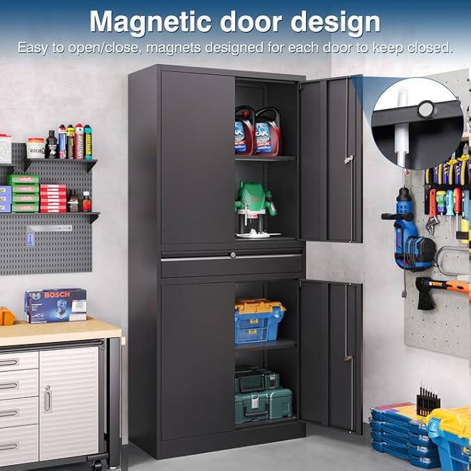 Black Metal Storage Cabinet with Lock, 71" Tall Garage Storage Cabinets with Doors and Shelves, Lockable Tool Caninet Steel Locking Cabnets File Cabinet for Home Office, Garage, Pantry