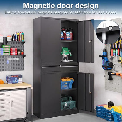 Black Metal Storage Cabinet with Lock, 71" Tall Garage Storage Cabinets with Doors and Shelves, Lockable Tool Caninet Steel Locking Cabnets File Cabinet for Home Office, Garage, Pantry