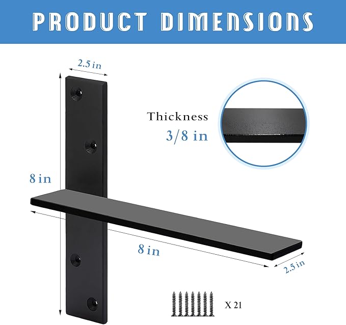 Floating Shelf Bracket 3/8" Thick Heavy Duty Shelf Brackets 3 Pack Free Hanging Countertop Support Bracket 8" Lx2.5 W Floating Wall Brackets for Cabinets, Granite, Dishwasher, Bench Seats Vanities
