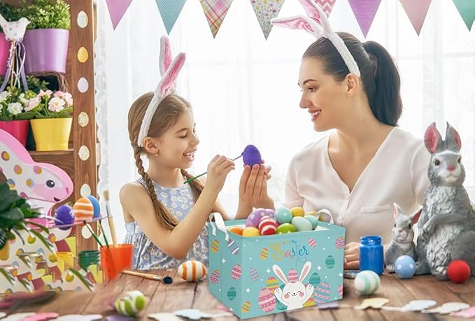 Essme Rectangular Easter Basket, Kids Storage bin Organizer with Handles for Easter Decor,Shelf Basket,Toy Organizer,Easter Gift.(Rabbit Easter Eggs)