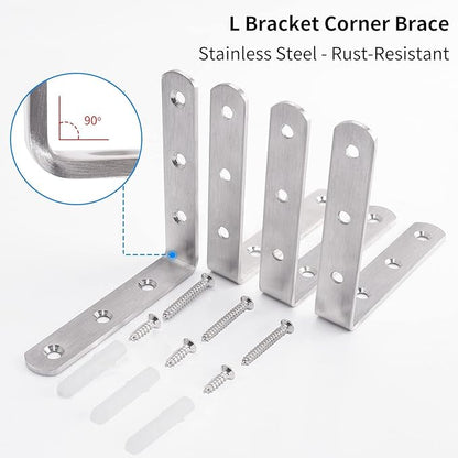 YUMORE L Bracket, 4x4 Inch Max Load: 25lb/12kg Heavy Duty Stainless Steel Solid Shelf Support Corner Brace Joint Right Angle Bracket, Pack of 4