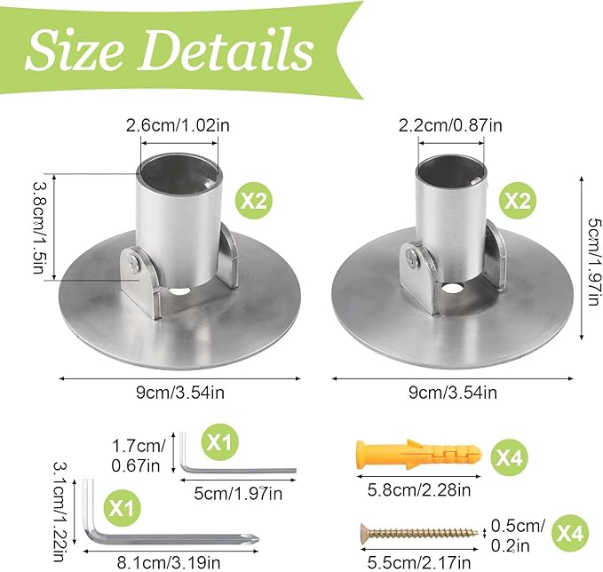 Adjustable Shower Curtain Rod Bracket, 4Pcs Different Sizes Titanium Steel Single Swivel Flange Heavy Duty Closet Rod Holder with Screws (Silver, Inner Dia. 22mm & 26mm)