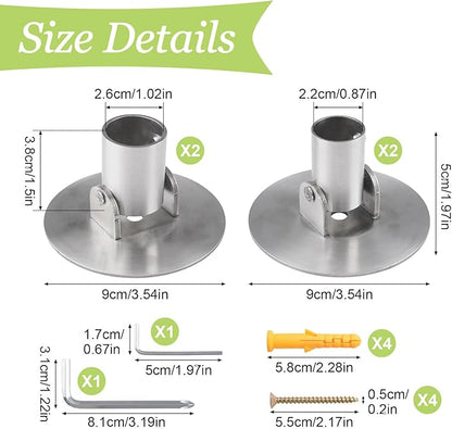 Adjustable Shower Curtain Rod Bracket, 4Pcs Different Sizes Titanium Steel Single Swivel Flange Heavy Duty Closet Rod Holder with Screws (Silver, Inner Dia. 22mm & 26mm)