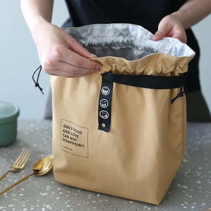 Canvas Drawstring Lunch Bag Insulated Lunch Bento Tote Bag Reusable Lunch Bag with Handle and Drawstring Closure for Women Work Picnic or Travel (COLOR1)