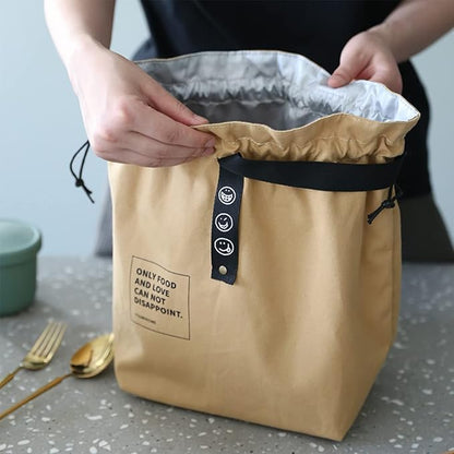Canvas Drawstring Lunch Bag Insulated Lunch Tote Japanese Style Bento Tote Bag Reusable Lunch Bag Insulated Handbag Tote bag with Handle and Drawstring Closure for Women Work Picnic or Travel(BLACK)