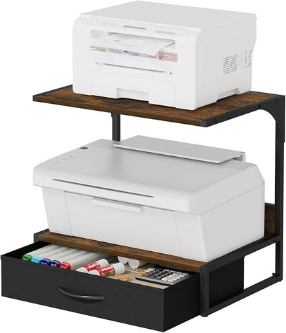 Printer Stand with Storage for Desk, with Fabric Drawer Desktop Printer Stand Shelf Organzier for Home Office, for Above and Under Desk Printer Table, Fax Machine Copier, Retro