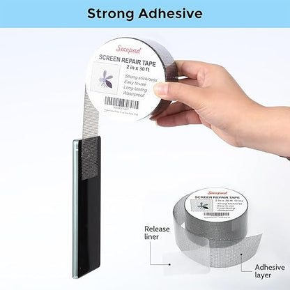 Grey Window Screen Repair Tape, 2IN X 30FT (360IN) Screen Repair Kit for Windows or Doors, Strong Adhesive Patch Kit Fiberglass Mesh Tape (Pack of 2)