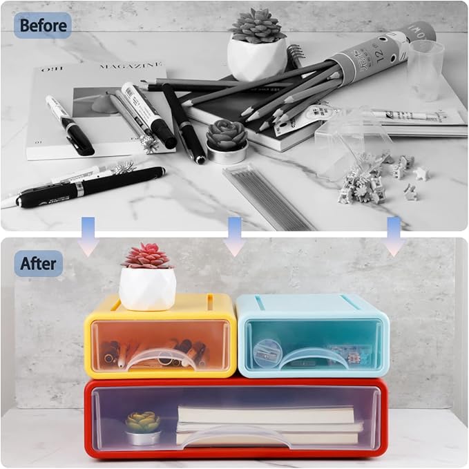 Stackable Desk Organizer, 3-Piece Plastic Drawer Set, White, 13" Wide Letter Size, 3 Drawers