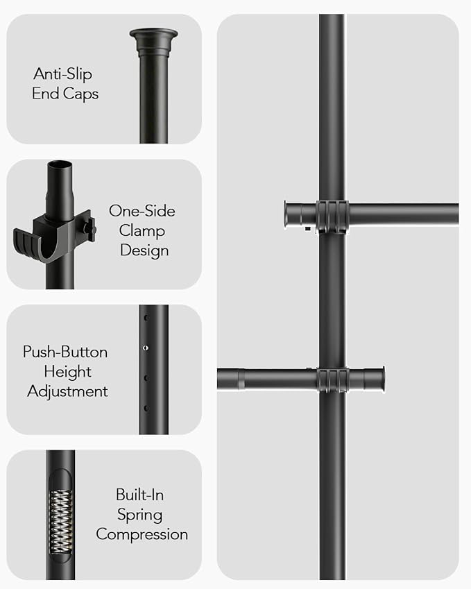Floor to Ceiling Clothes Rack, Heavy-Duty Telescopic Garment Rack, 43–122in Height & 30–47in Width, 220lbs Total Load Capacity, 4-Pole, Black