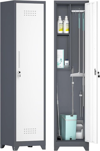 GREATMEET Slim Locking Metal Garage Storage Cabinet, 65" Lockable Utility Closet, Tall Steel Narrow Broom Closet Storage Cabinets with Door and Shelves for Laundry Room, Bathroom, White & Grey
