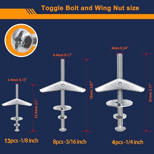 weideer 100Pcs Toggle Bolts 1/8" 3/16" 1/4" Heavy Duty Drywall Anchors and Screws Assortment Set Toggle Bolts and Wing Nut Kit with Nuts washers (25sets) K-136