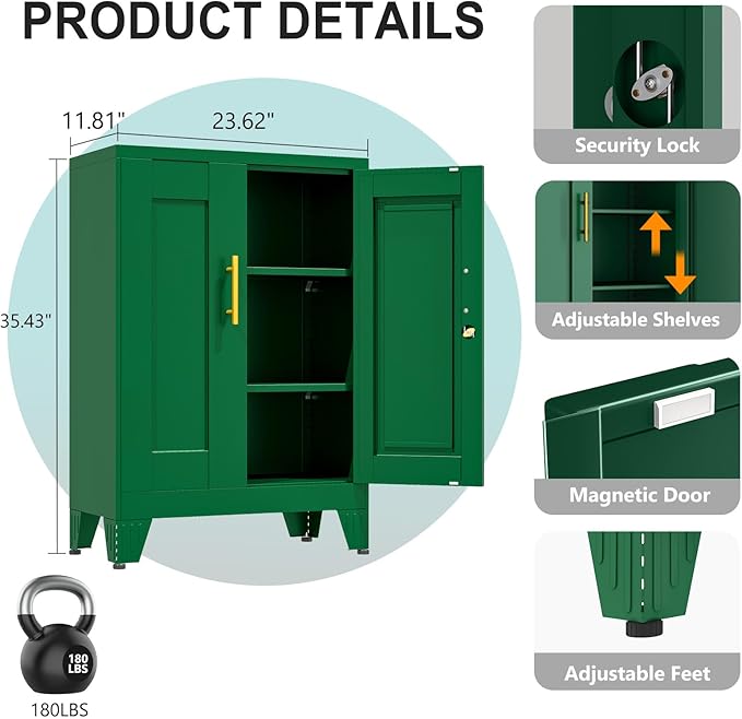 35.43" Lockable Metal Storage Cabinet, Steel Locker File Cabinet with 2 Doors ＆ 2 Adjustable Shelves, Multi-Purpose Organizer for Home, Office File Storage & Garage Locker (Green)