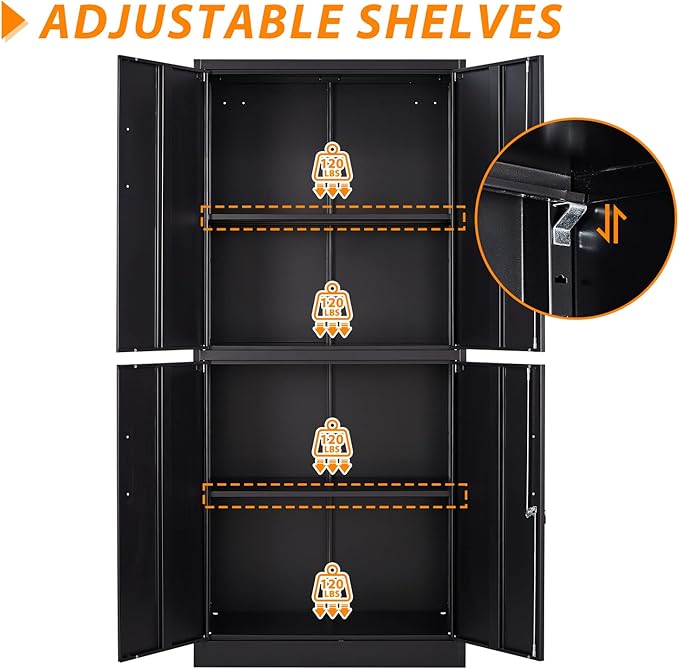 Metal Storage Locking Cabinet, 71" Tall Metal Cabinet with 4 Doors and 2 Adjustable Shelves, Locking Steel Cabinet for Home, School, Office, Gym, Garage Storage (Black)