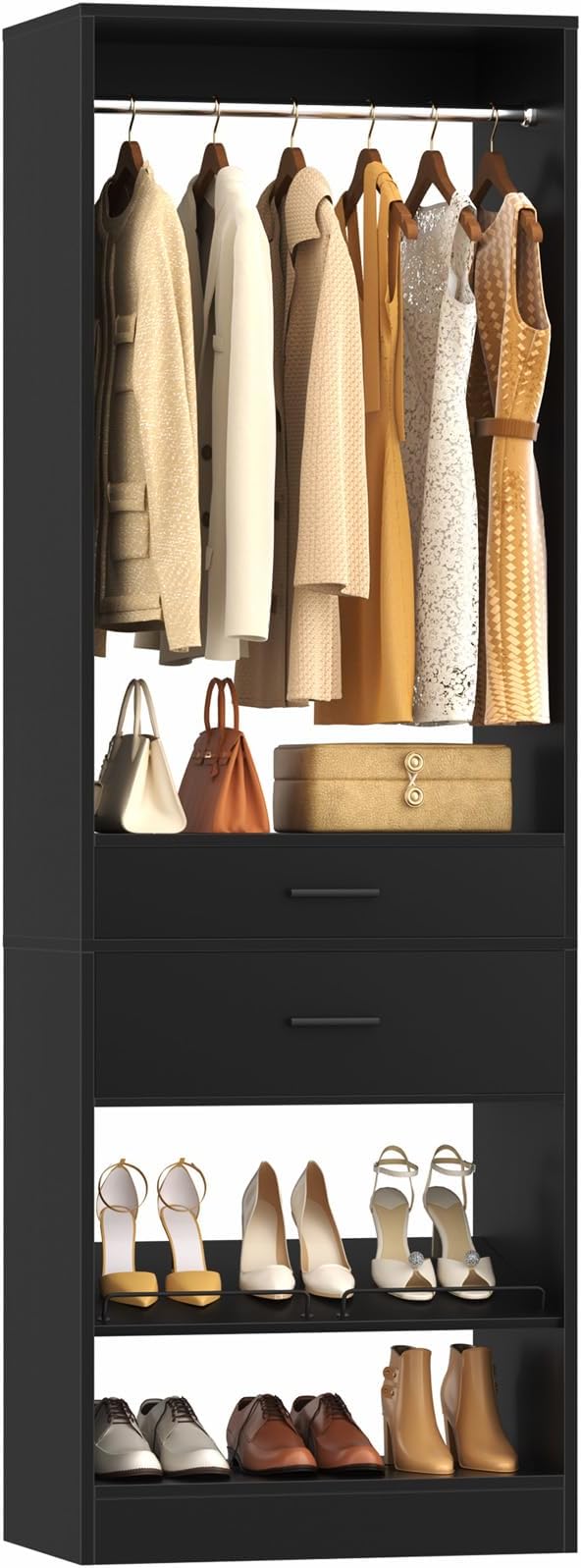 Unikito 25" W x 80" H Closet Organizer Storage with Hanging Rod and 2 Wooden Drawer, Adjustable Angled Shoes Rack, Sturdy Garment Racks, Walk-in Closet Tower for Bedroom, Mudroom, and Entryway, Black