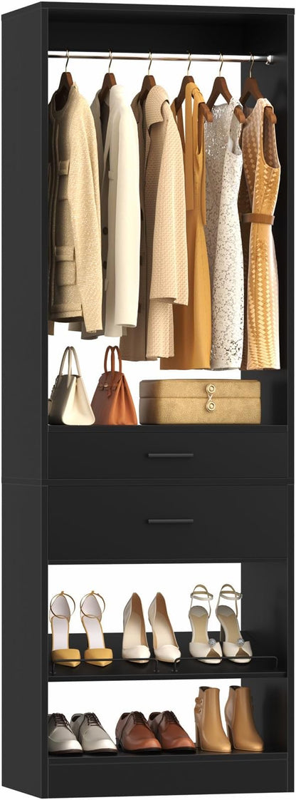 Unikito 25" W x 80" H Closet Organizer Storage with Hanging Rod and 2 Wooden Drawer, Adjustable Angled Shoes Rack, Sturdy Garment Racks, Walk-in Closet Tower for Bedroom, Mudroom, and Entryway, Black