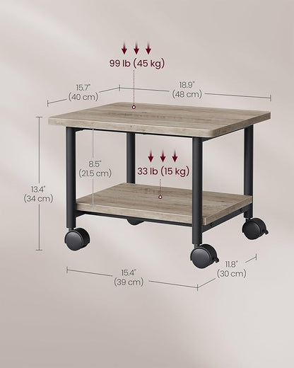 VASAGLE Heavy-Duty Printer Stand with Locking Wheels, 2-Tier Industrial Mobile Cart with Storage Shelf, Under Desk Printer Table for Home, Office, 13.4" Height, Heather Greige and Black UOPS002B02
