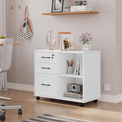 Panana 3 Drawer Office File Cabinets, Mobile Lateral Printer Stand with Open Storage Shelf, Rolling Filing Cabinet with Wheels Home Office Organization and Storage (White)