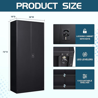 MIIIKO Black Metal Cabinet with Doors and Shelves, 72" Tall Steel Cabinet for Storage with 5 Shelves, Locking 2 Door Garage Shelving Cabinets Heavy Duty, Home Office Storage Organizer