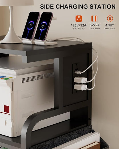 Tall Printer Stand with Storage Adjustable Shelf and Bag, 4-Tier Large Printer Table with Charging Station for Home Office, Printers Cart with Wheels for 3D Shredder Scanner Fax (Black)