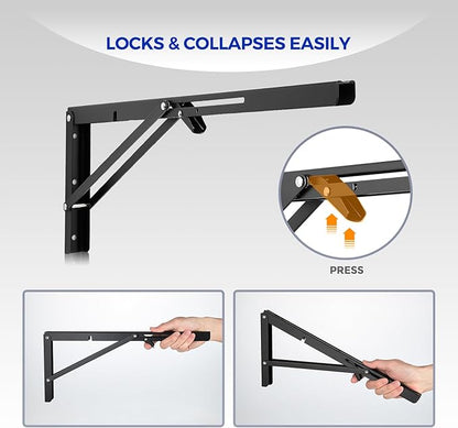 Ravinte -2 Pack 20 Inch Folding Shelf Brackets – Matte Black, Heavy Duty Collapsible Brackets for Tables and Benches – Space-Saving Design