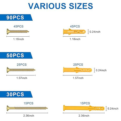 Aovchei Drywall Anchors Kit, 170pcs, 85 Plastic Drywall Anchors and 85 Philips Flat Head Screws, 3 Size #6 * 30#6 * 40#6 * 60, Wall Hanging Kit for Hanging Picture Frame, Shelf Brackets, Curtain Rod