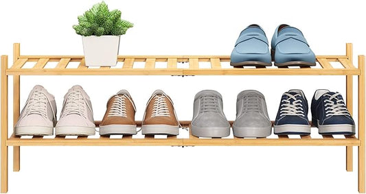 BMOSU 2-Tier Bamboo Extended Shoe Rack Premium Stackable Shoe Shelf Storage Organizer for Hallway Closet Living Room Entryway Organizer (Natural Bamboo)