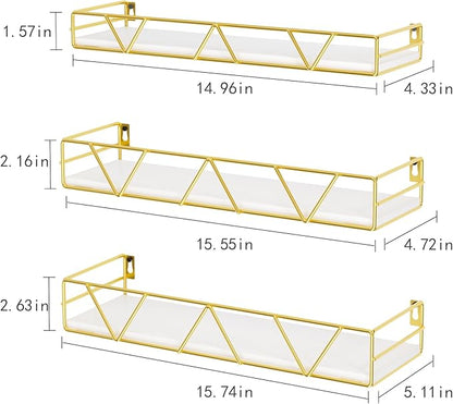Floating Shelves Set of 3, Home Wood Wall Shelf, Farmhouse Shelf for Bedroom, Wall Mounted Floating Shelf for Living Room, Bedroom, Bathroom, Kitchen, Office (Gold)