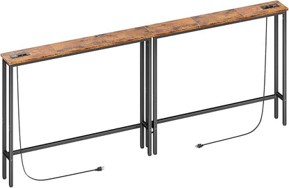 ELYKEN 2 Pack 5.9" Narrow Console Sofa Table with Power Outlets, Total 78.8” Long Behind Couch Table with Charge Station and 5.9’ Extension Cord for Living Room, 5.9"D x 78.8”W x 29.5”H, Rustic Brown