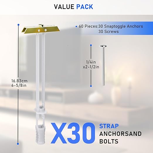 Drywall Anchor with Included Bolts for 1/4”-20, Heavy Duty Hollow Wall Anchors for TV Mounting Kit, Stainless Steel Hollow Wall Anchors Holds up to 270lbs Each in 1/2” Drywall (Pack of 30)
