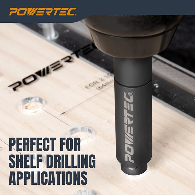 POWERTEC Shelf Pin Jig with 1/4" Self Pin Bit, Self Centering Drill Bit for 3/8' Holes, Woodworking Tool for Installing Shelf Pegs & Making Shelves & Cabinets (71653)