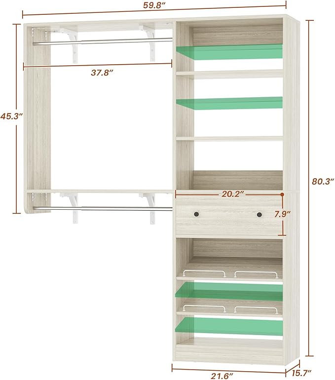 Closet System with Drawer - Reversible 5FT Wood Closet Organizer System with 2 Hanging Rods and Adjustable Shelf, Walk In Closet Organizers with Shoe Rack, Built-In Garment Rack, White Oak