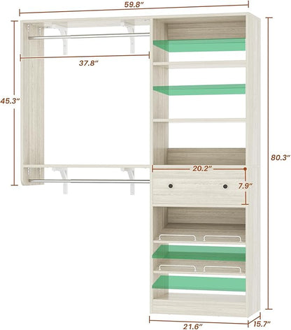 Closet System with Drawer - Reversible 5FT Wood Closet Organizer System with 2 Hanging Rods and Adjustable Shelf, Walk In Closet Organizers with Shoe Rack, Built-In Garment Rack, White Oak