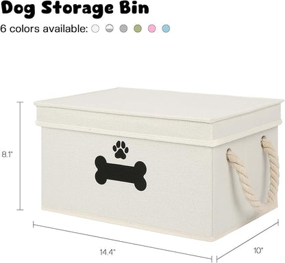 Dog Toy Basket with Lid, Dog Basket for Toys, Dogs Toy Box with Cotton Rope Handles, Collapsible Storage Bins for Pet Toys, Dogs Storage Organizer, Beige