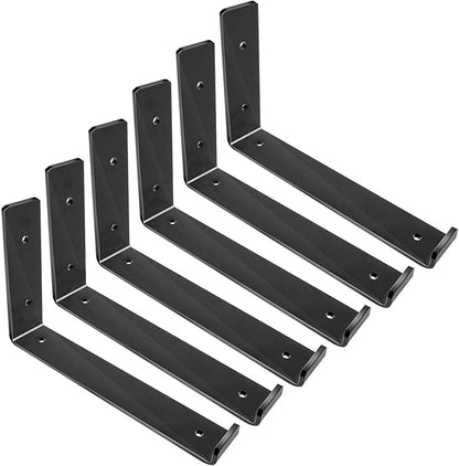 Shelf Brackets 10 Inch, Heavy Duty Black Metal Floating Shelf Bracket, Rustic Farmhouse Decorative Iron L Bracket with Lip/Hook, J Brackets Wall Angel Corner Brace for Wood Shelves - 6 Pack